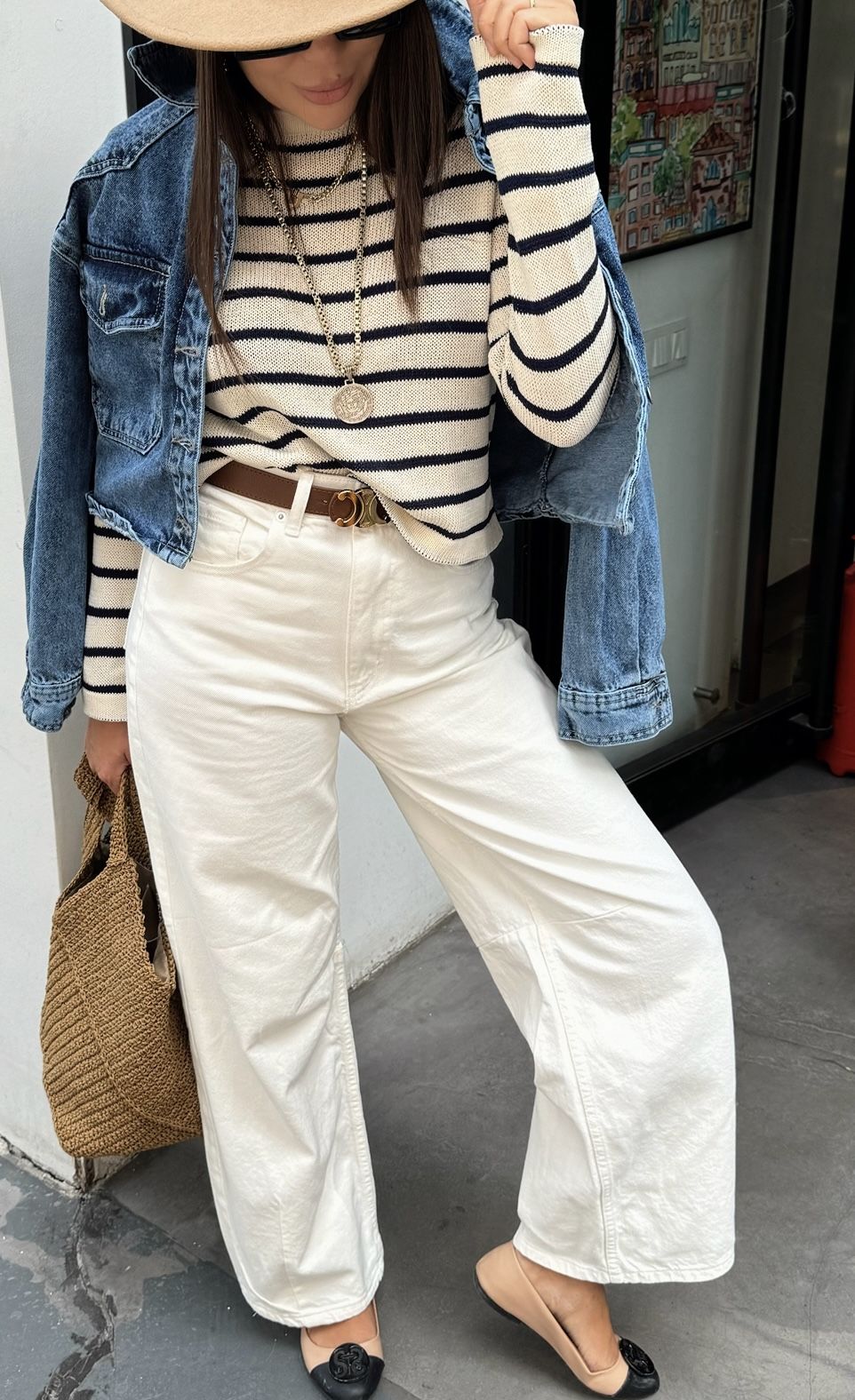 Ekru Parçalı Mom Jean