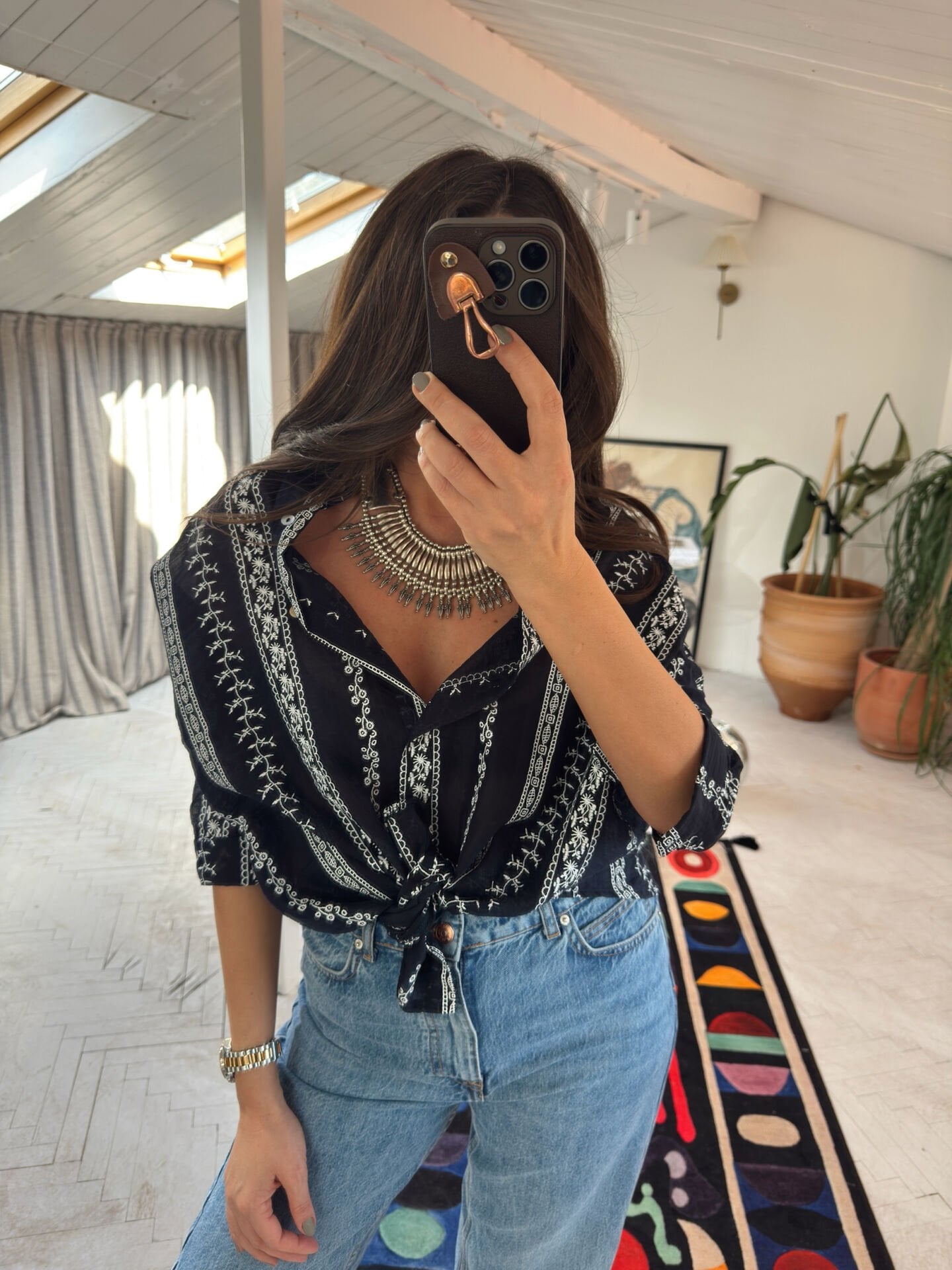 Otantik Nakışlı Gömlek Siyah