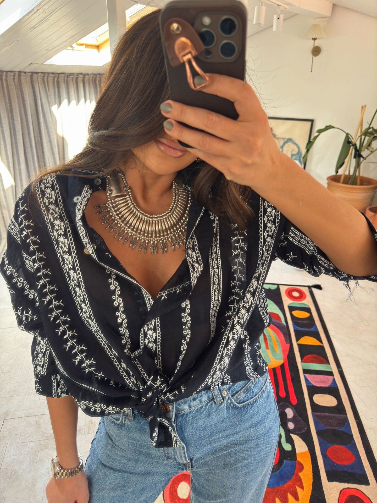 Otantik Nakışlı Gömlek Siyah