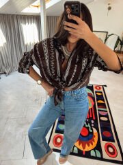 Nakışlı Otantik Gömlek Kahve