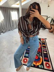 Nakışlı Otantik Gömlek Kahve