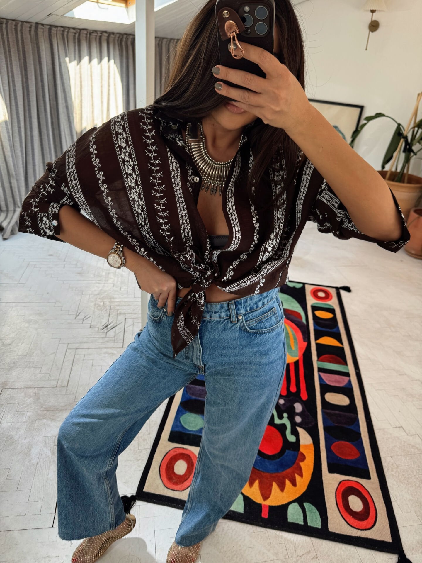 Nakışlı Otantik Gömlek Kahve