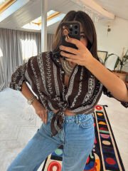 Nakışlı Otantik Gömlek Kahve