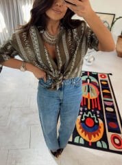 Nakışlı Otantik Gömlek Haki