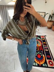 Nakışlı Otantik Gömlek Haki