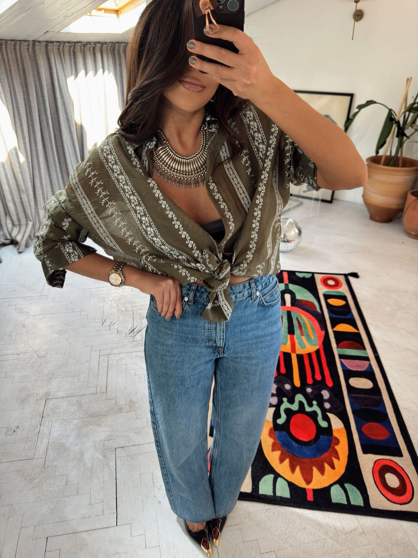 Nakışlı Otantik Gömlek Haki