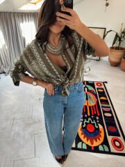 Nakışlı Otantik Gömlek Haki