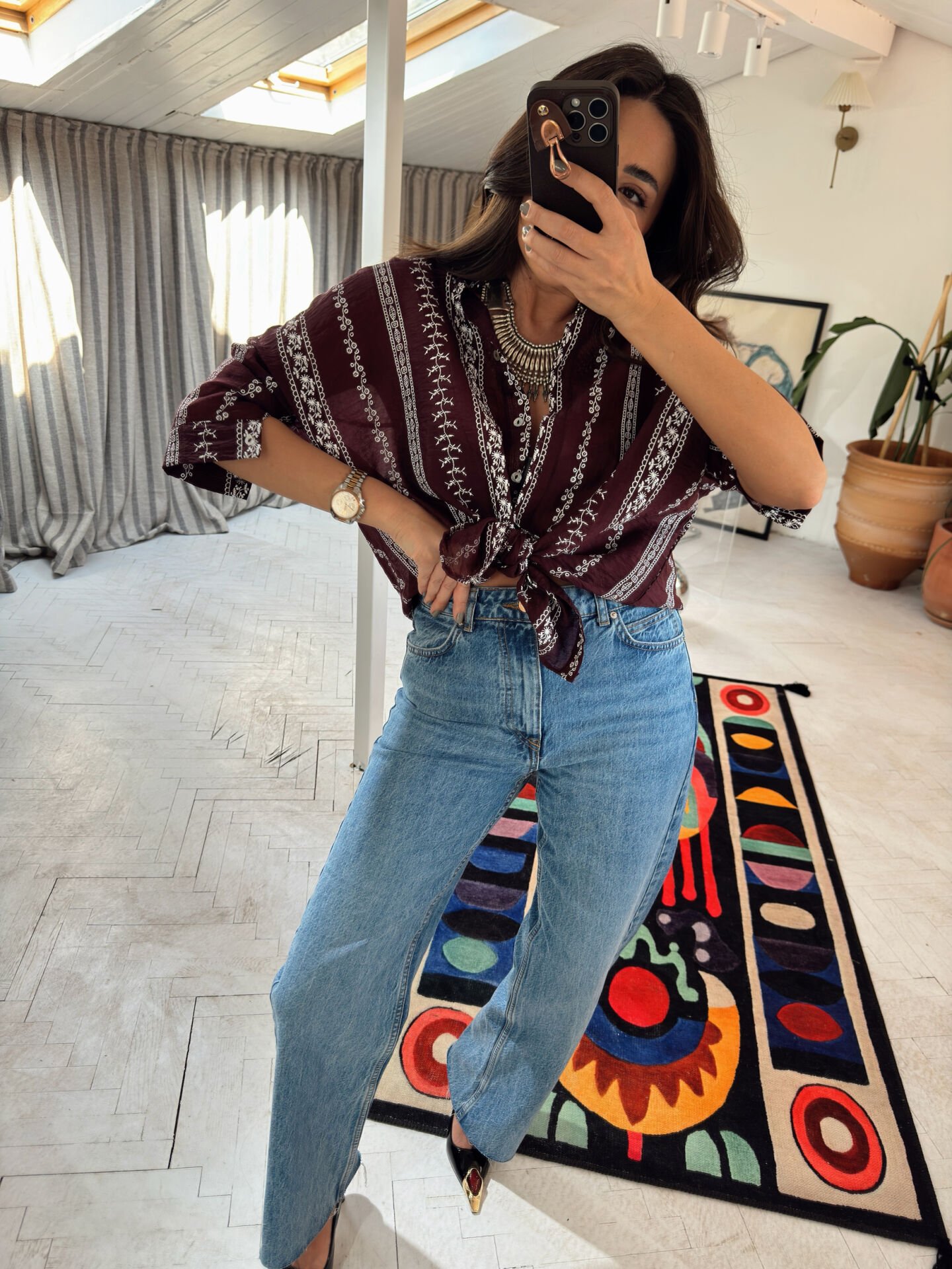 Nakışlı Otantik Gömlek Bordo