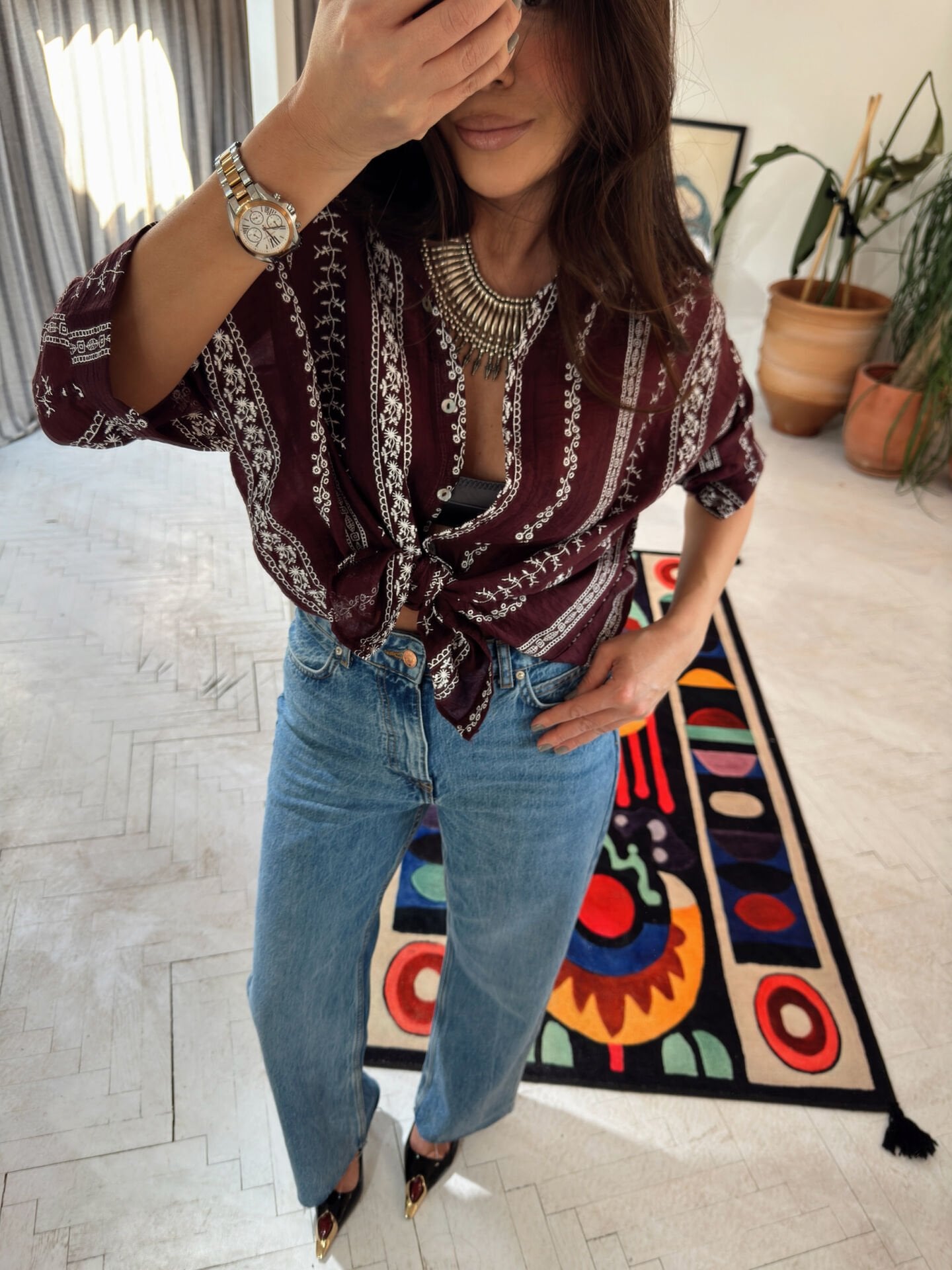 Nakışlı Otantik Gömlek Bordo