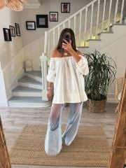 Tül Geçişli Tasarım Jean Pantolon