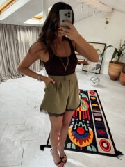 Crep Dantelli Şort Haki