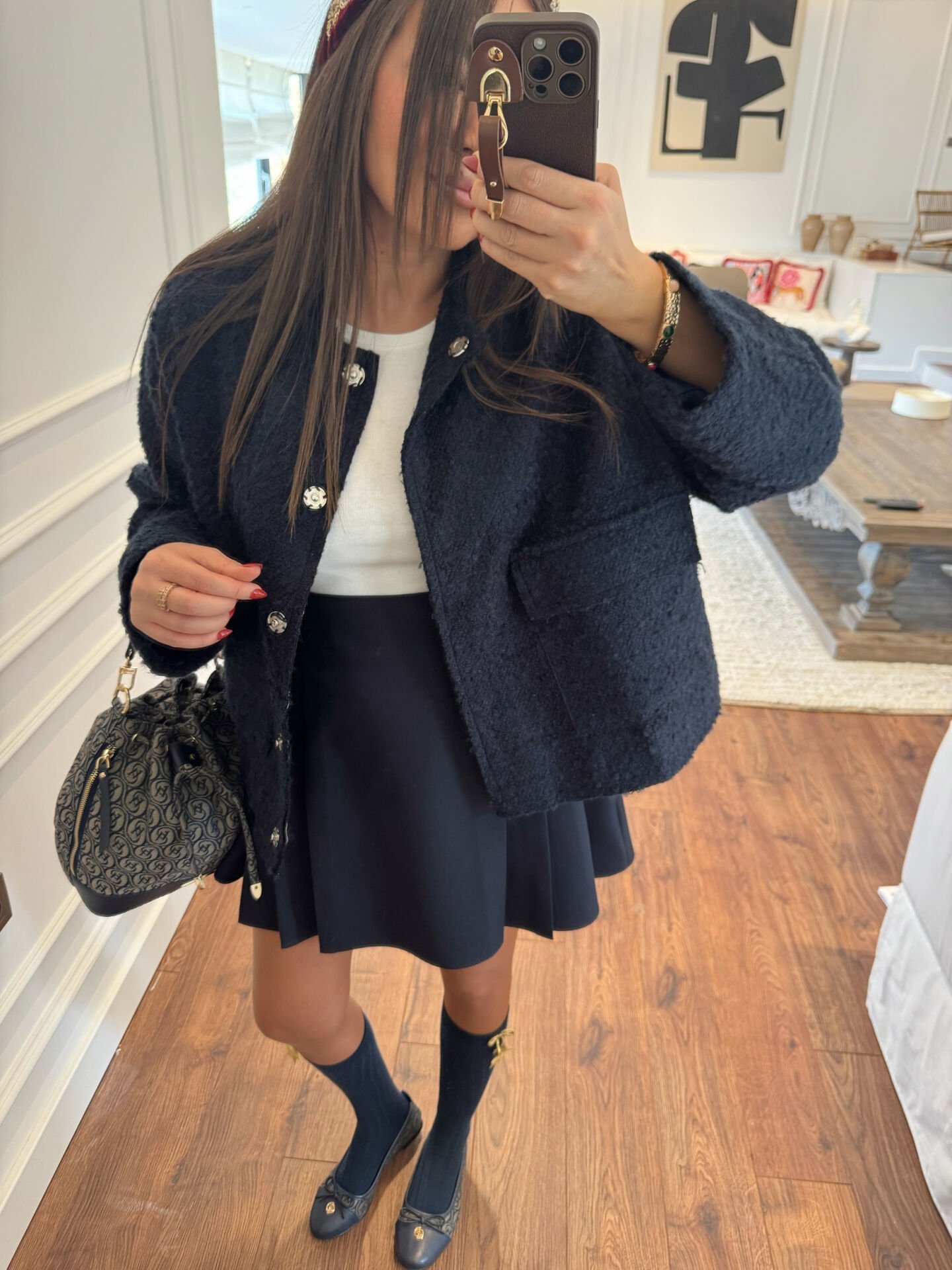 Zara lacivert pileli yüksek bel kolej etek