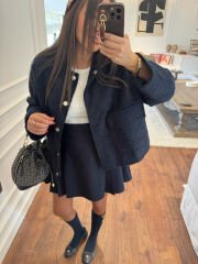 Zara lacivert pileli yüksek bel kolej etek