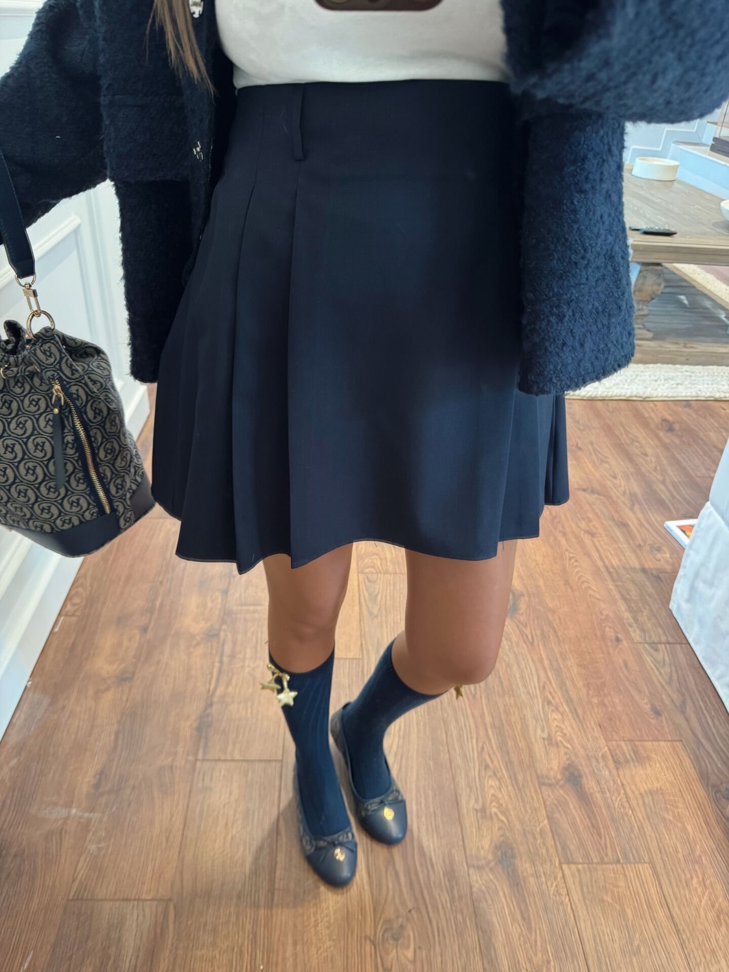 Zara lacivert pileli yüksek bel kolej etek