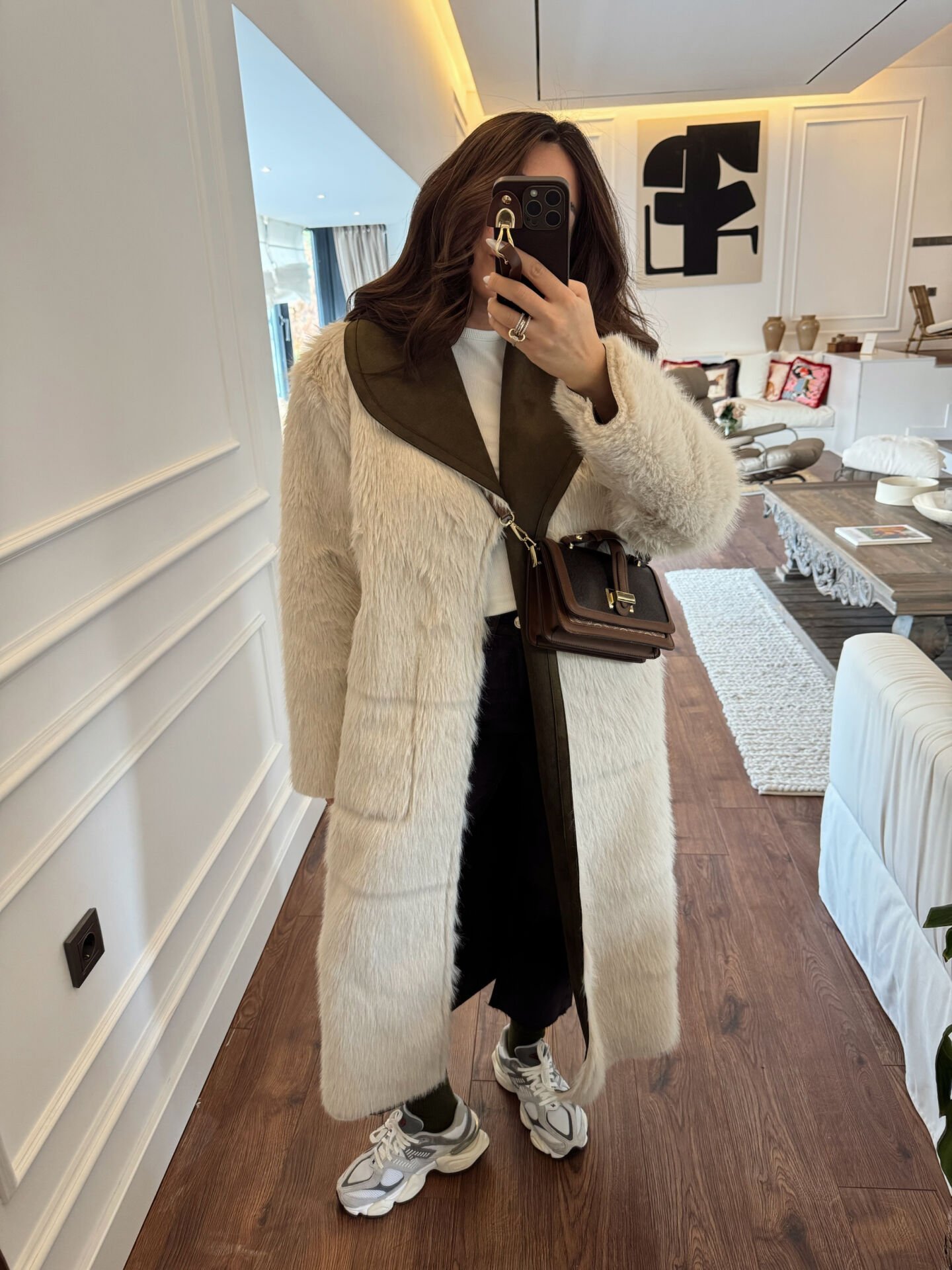 Çift taraflı güderi kürklü palto haki