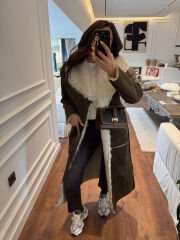 Çift taraflı güderi kürklü palto haki