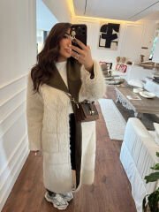 Çift taraflı güderi kürklü palto haki