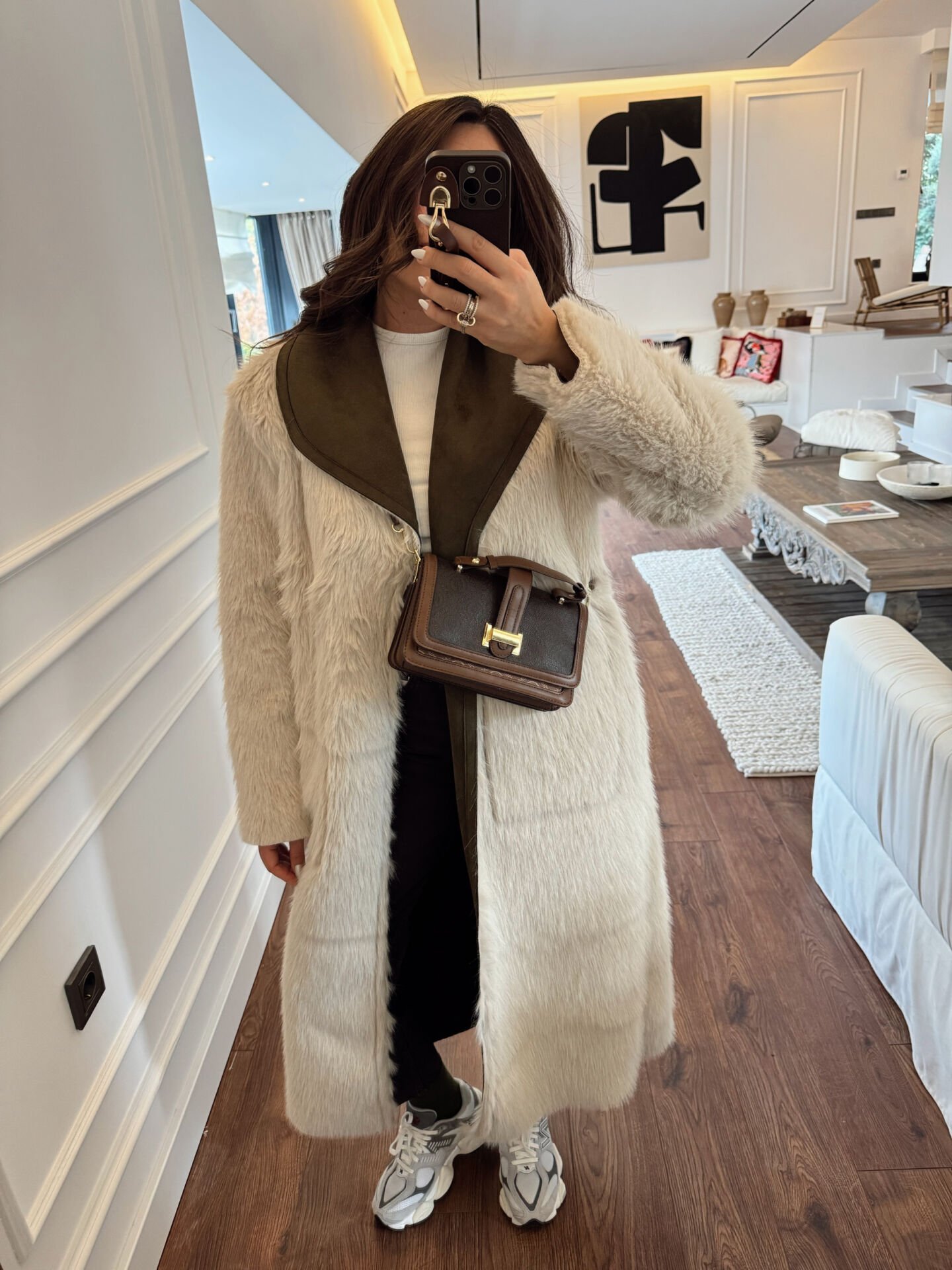 Çift taraflı güderi kürklü palto haki