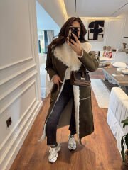 Çift taraflı güderi kürklü palto haki