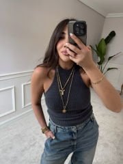 Halter yaka triko bluz