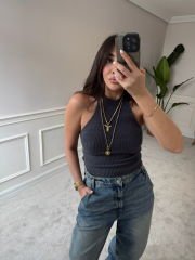 Halter yaka triko bluz