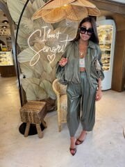 Olive Saten Bomber Ceket