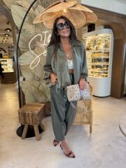 Olive Pileli Deri Pantolon