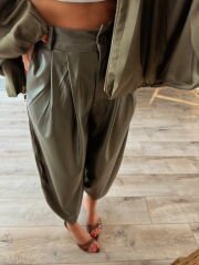 Olive Pileli Deri Pantolon