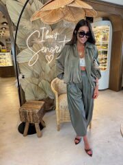 Olive Pileli Deri Pantolon