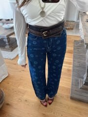Dark blue flowers wide leg jean