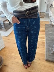 Dark blue flowers wide leg jean