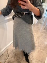 Püsküllü Asimetrik Triko Etek