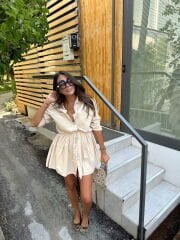 Taş renk tensel şort astarlı gömlek elbise