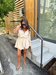 Taş renk tensel şort astarlı gömlek elbise