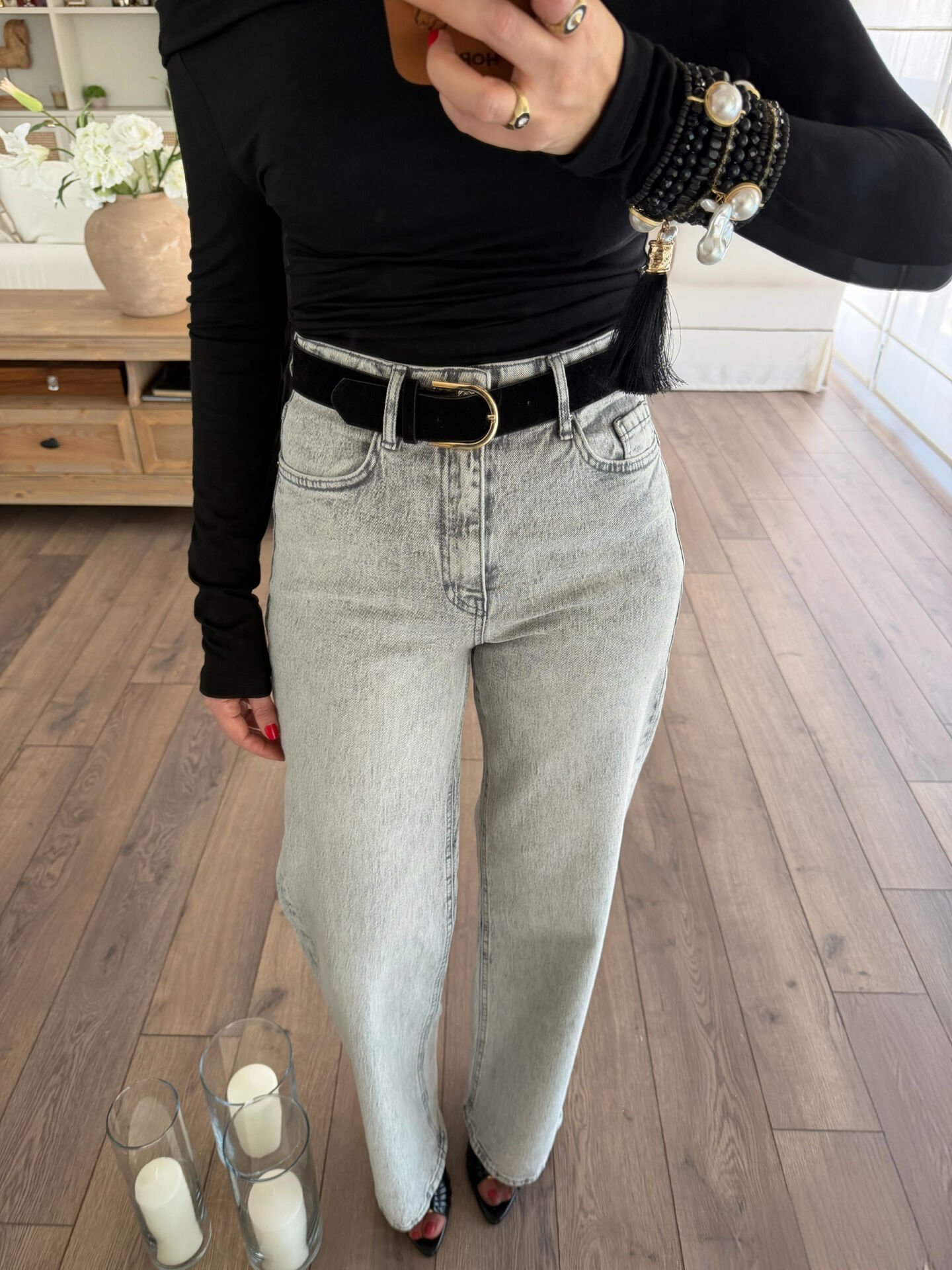 Süet kemerli fit jean