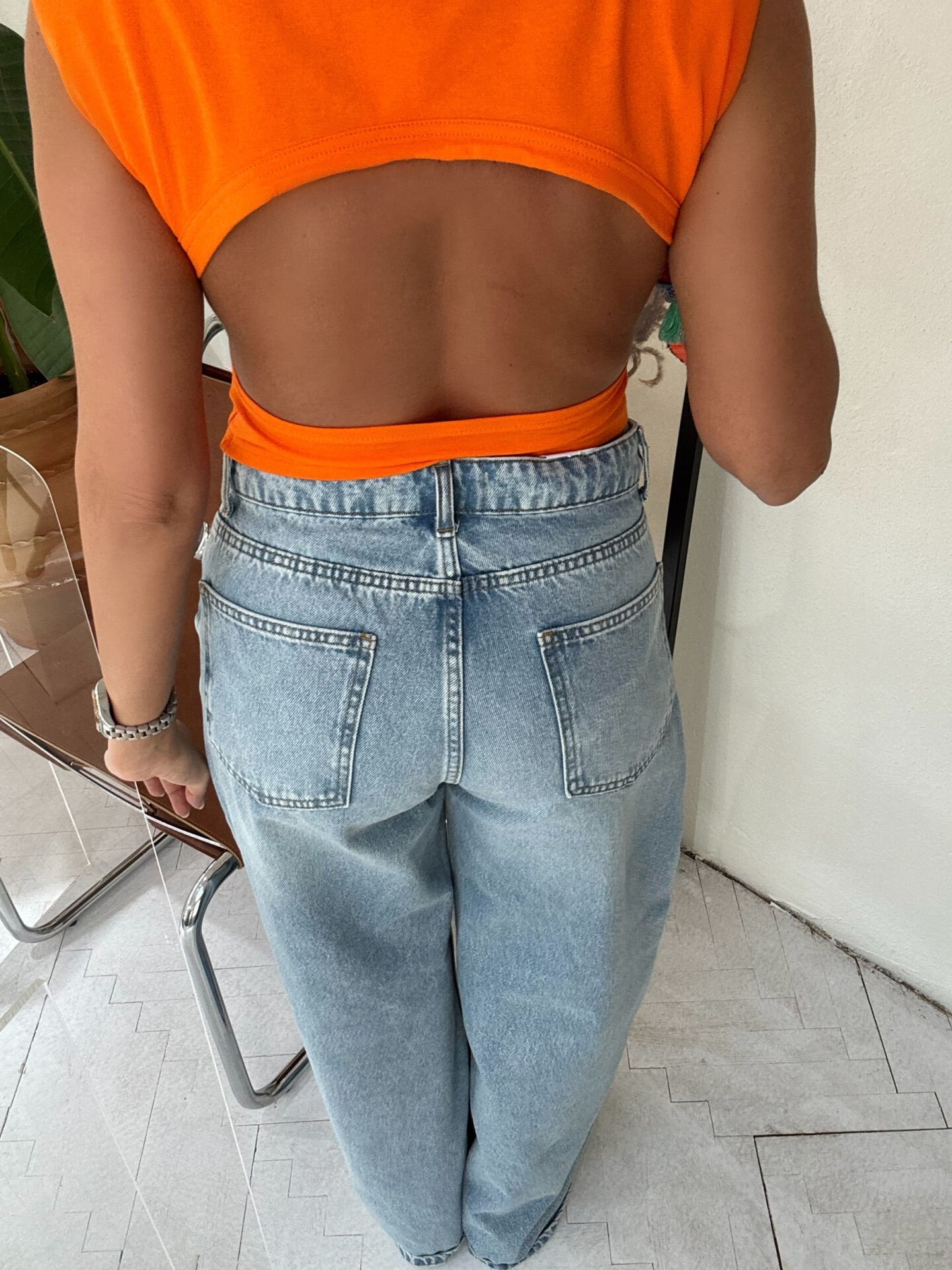 Sırt Dekolteli Vatkalı Bluz Orange