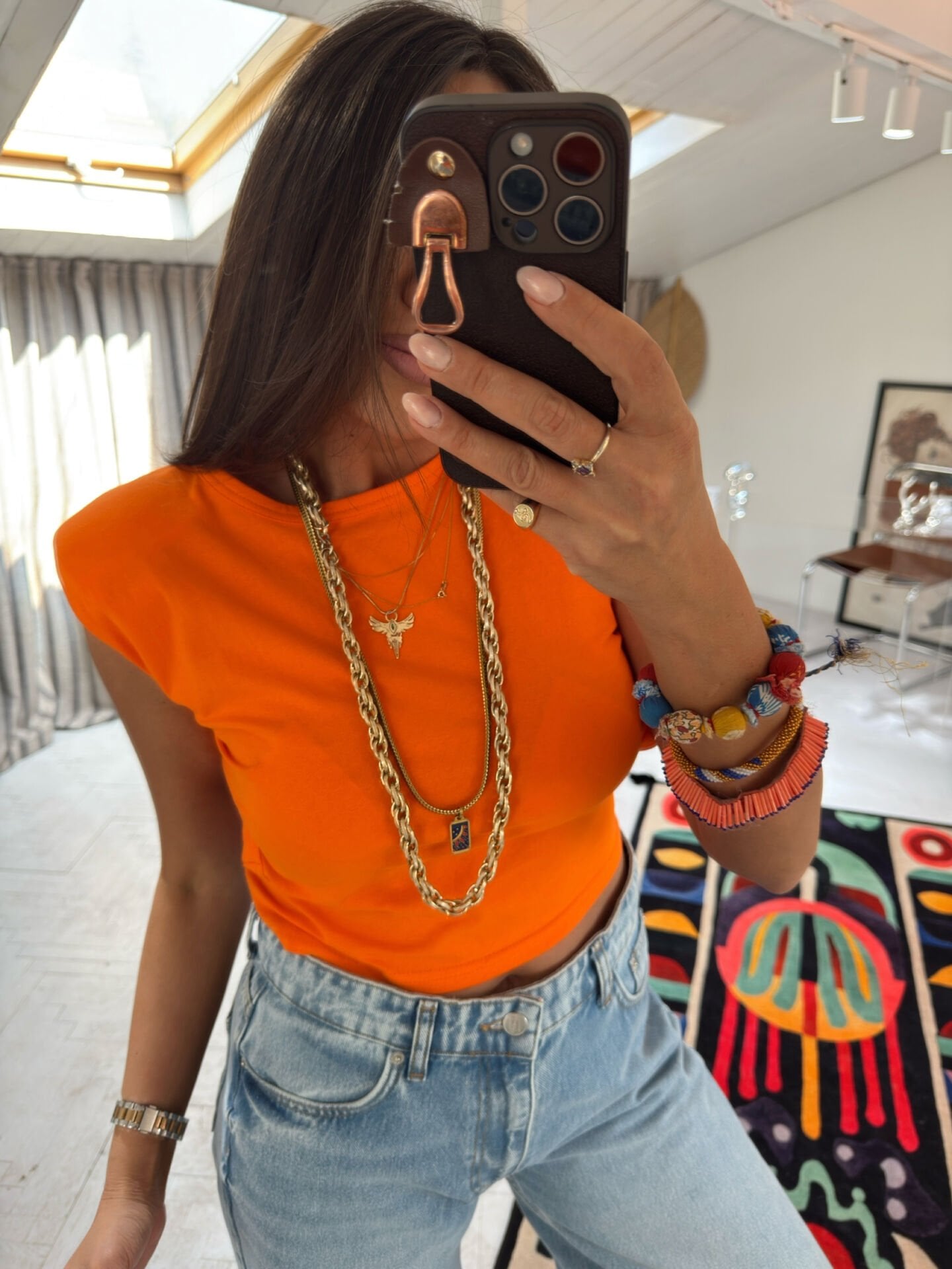 Sırt Dekolteli Vatkalı Bluz Orange