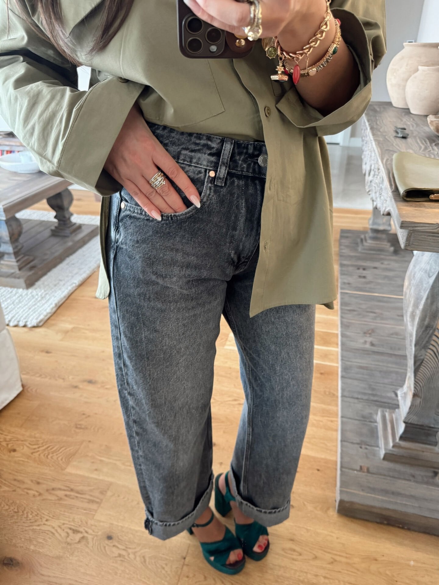 Yıkamalı wide leg katlama paçalı jean