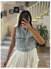 Taş işleme kot yelek