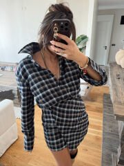 Kruvaze ekoseli gömlek elbise