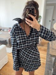 Kruvaze ekoseli gömlek elbise