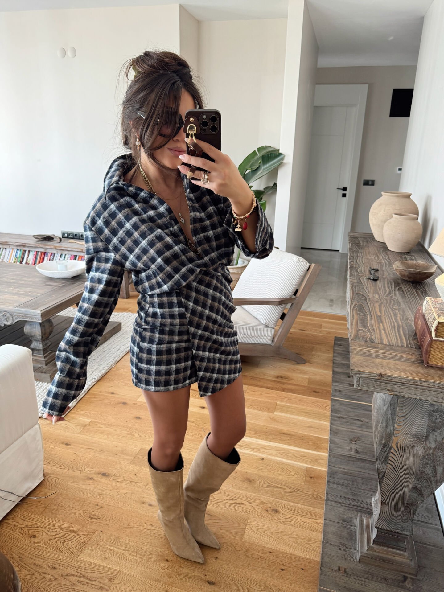 Kruvaze ekoseli gömlek elbise