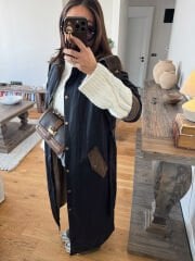 Mumlu Lacivert Maxi Parka Mont (Kuşaklı)