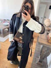 Mumlu Lacivert Maxi Parka Mont (Kuşaklı)