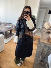 Mumlu Lacivert Maxi Parka Mont (Kuşaklı)