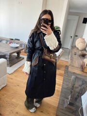 Mumlu Lacivert Maxi Parka Mont (Kuşaklı)