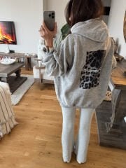 Leopar baskılı yıkamalı antrasit hoodie
