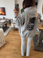 Leopar baskılı yıkamalı antrasit hoodie