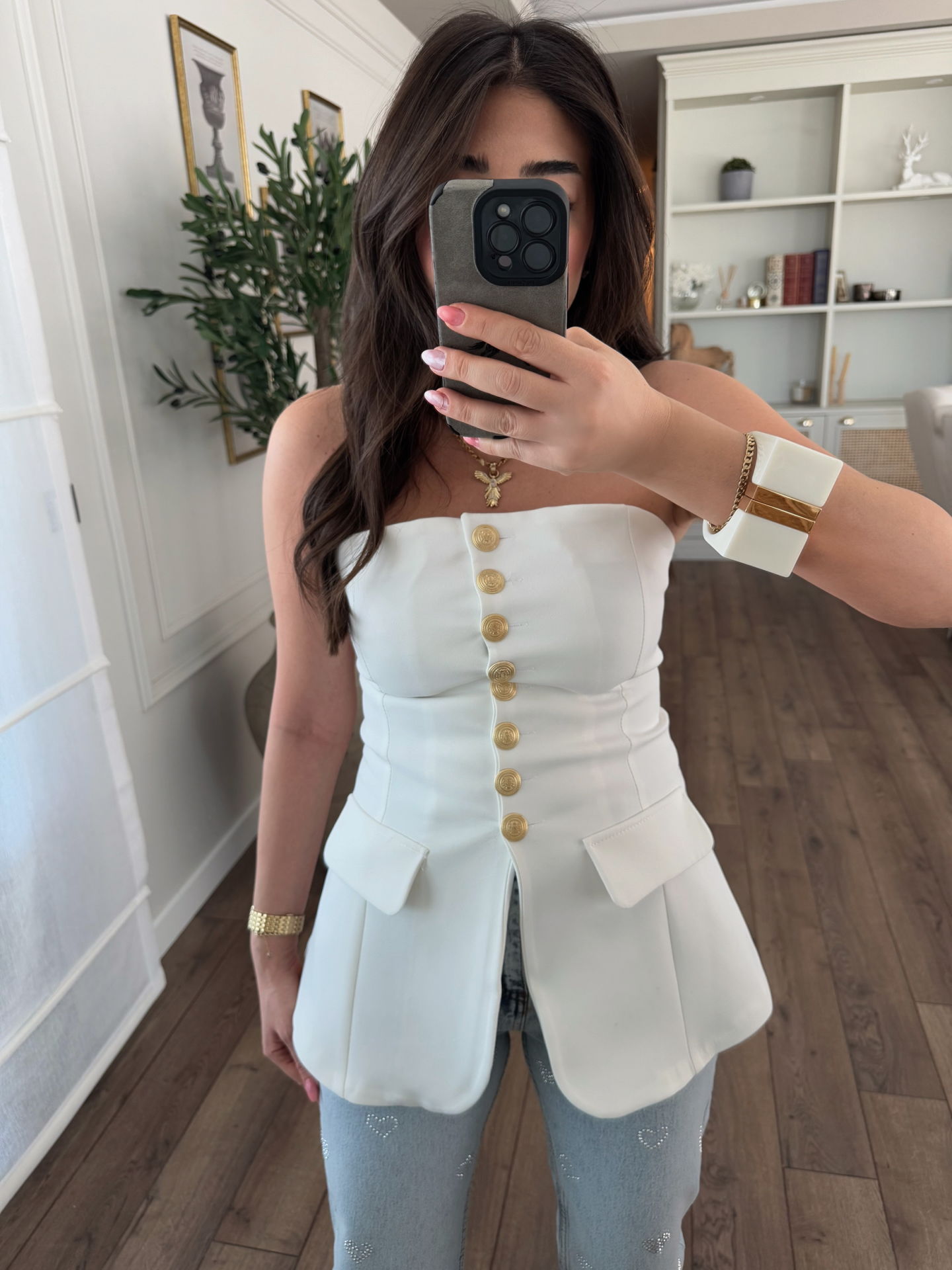 Düğmeli straplez bluz