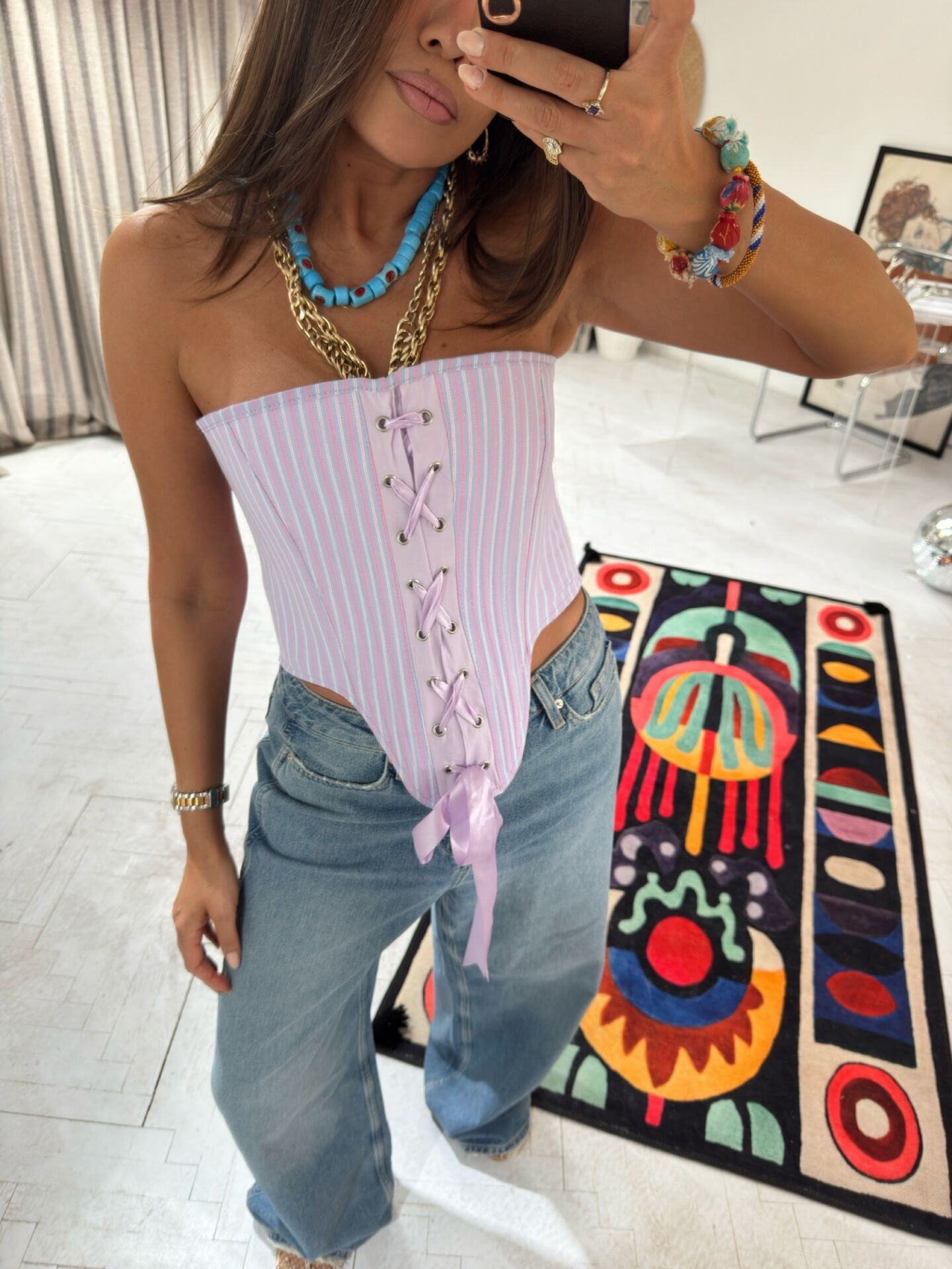 Lila Çizgili Corset Top
